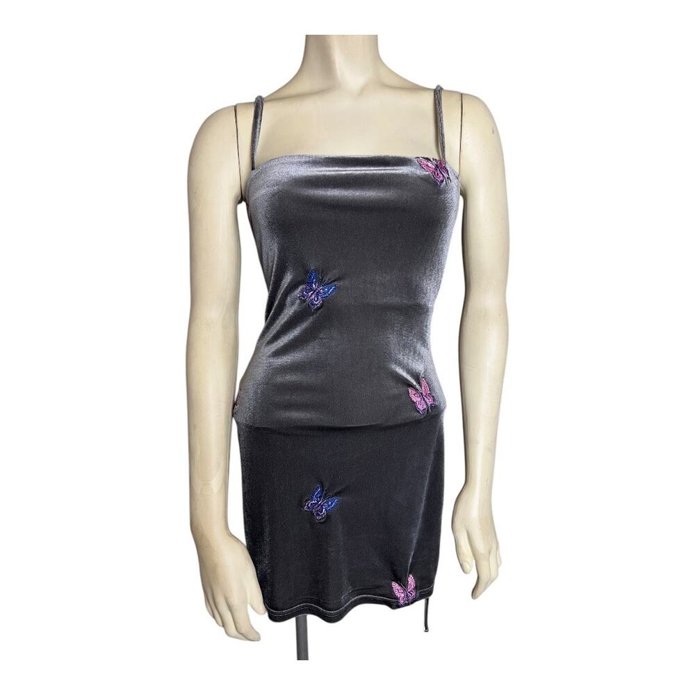 Zaful Butterfly Slip Dress Womens XS S Gray Satin Y2K Fairycore Mini Dress
